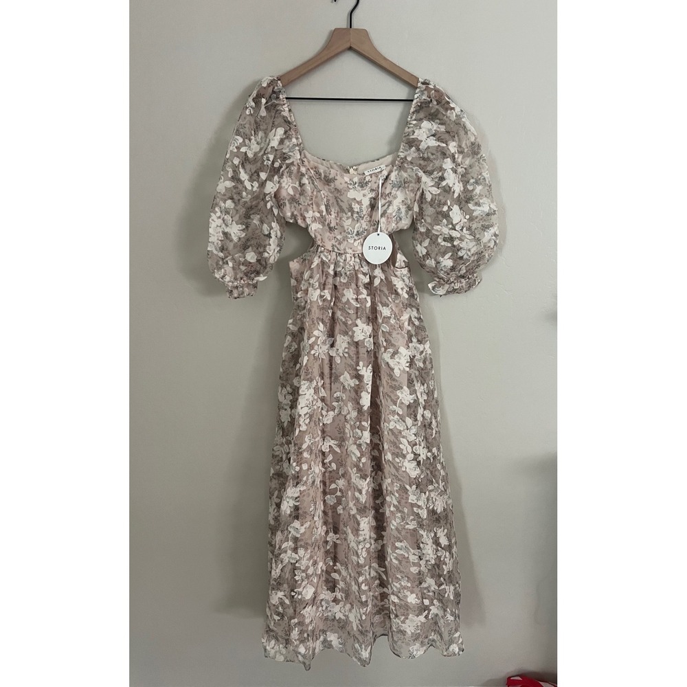 Storia Floral Organza Maxi Dress Puff Sleeve Cutout‎ Waist Small NWT Cottagecore - Picture 2 of 11